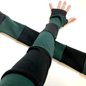 Long Striped Gloves Green Hand Warmers Black Armwarmers Patchwork Winter Sleeves